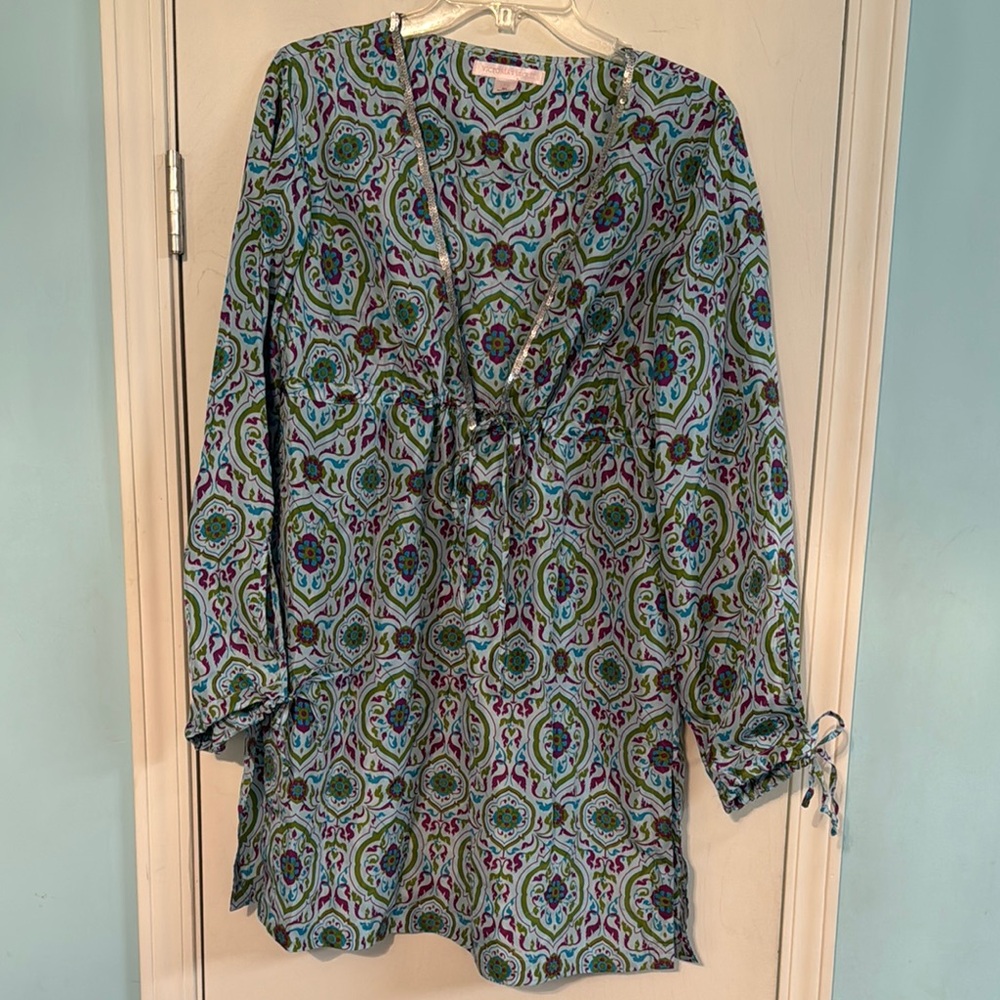 Victoria's Secret Blue Long Sleeve Graphic Tunic Coverup silk dur2‎